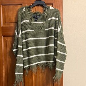 Green and White V-Neck Sweater with fringe. Women’s size XL.
